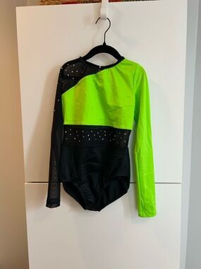 Weissman Neon Green and Black Long Sleeve Leotard with Rhinestones